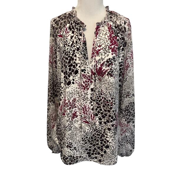 White House Black Market Floral Top Womens Large Ivory Black & Berry Ruffle Boho - Picture 1 of 8